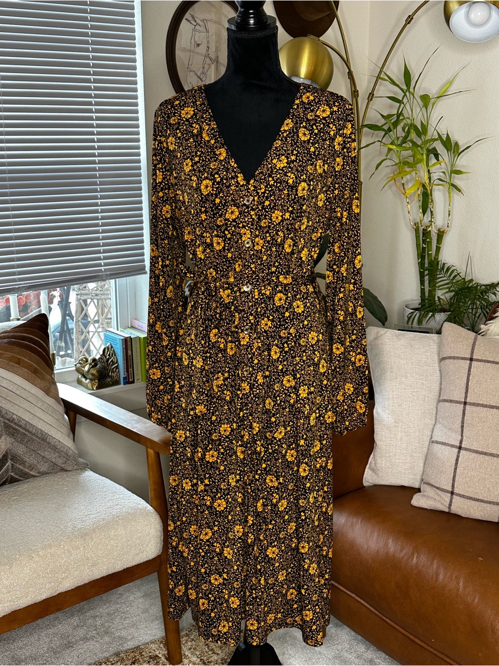 Michael Kors Black Long Sleeve Button Up Floral Maxi Dress